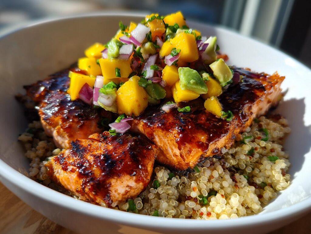 BBQ Salmon Bowls with Mango Avocado Salsa
