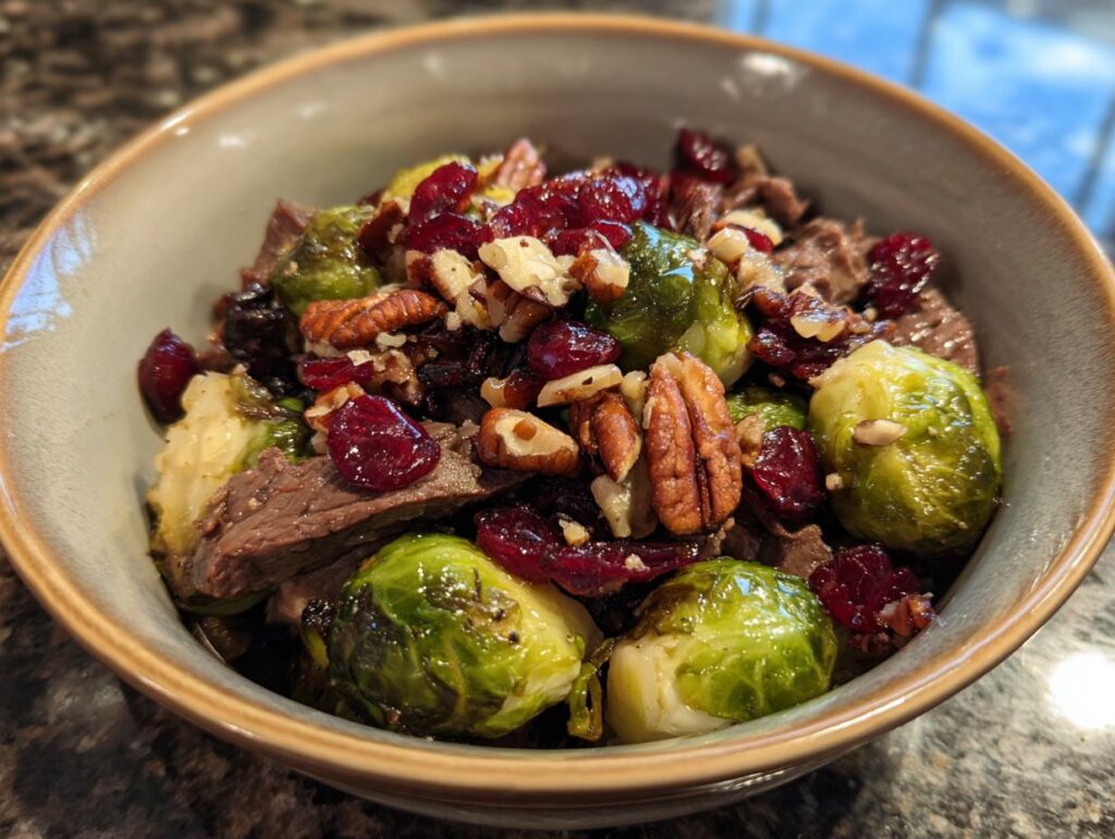 Brussels Sprouts with Beef, Pecans, and Cranberries