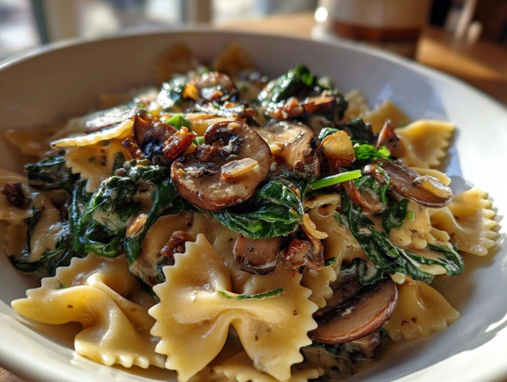 Farfalle Pasta with Spinach, Mushrooms, and Caramelized Onions
